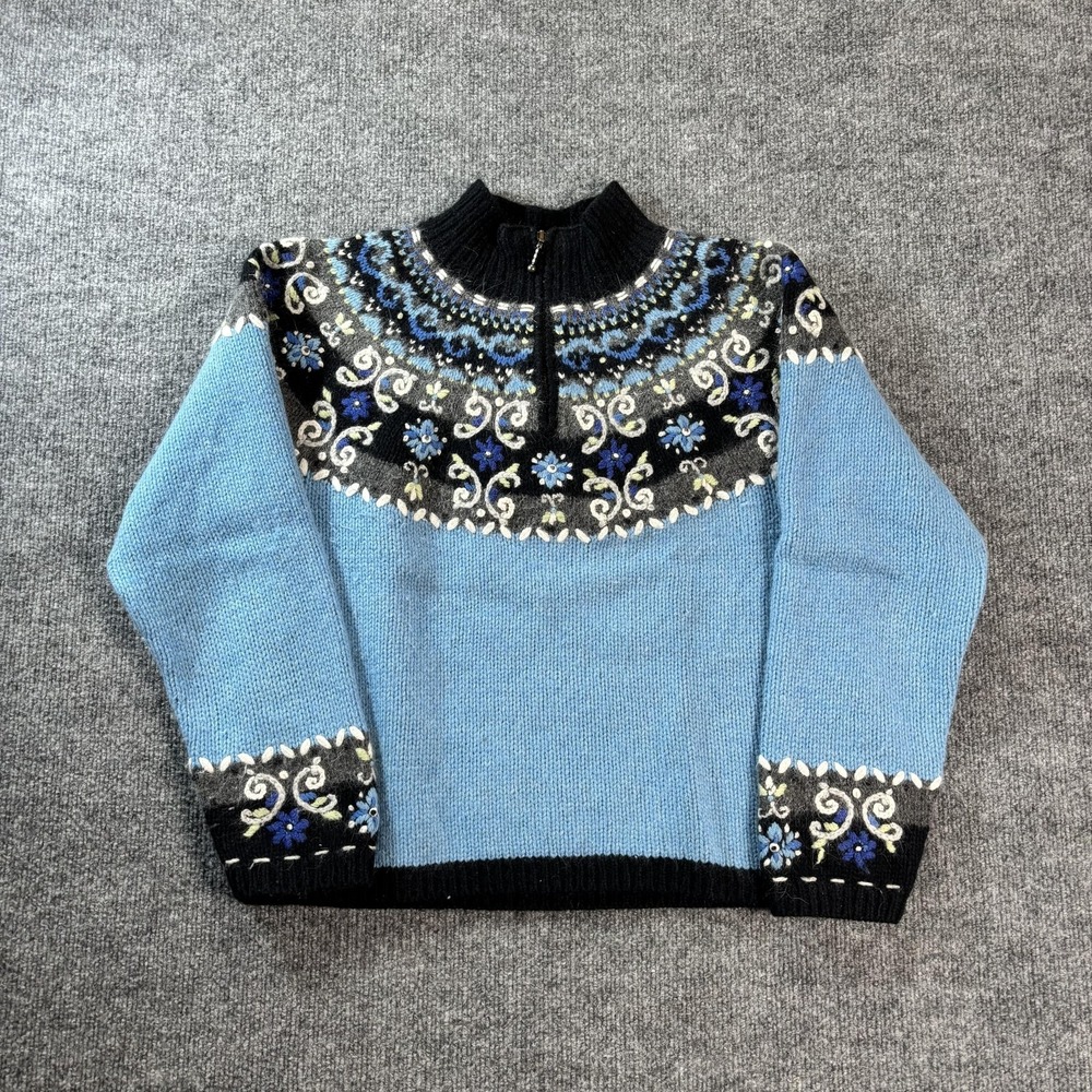 Icelandic‎ Design Sweater Womens Medium Blue Fair Isle 1/4 Zip Mock Neck Knit